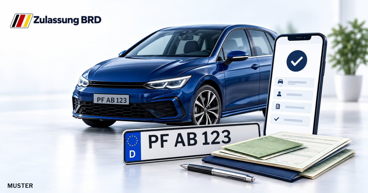 Online Fahrzeugzulassung in Remchingen: Musterkennzeichen PF AB 123, Auto und Fahrzeugpapiere und Smartphone. Illustration mit Logo von Zulassung BRD.